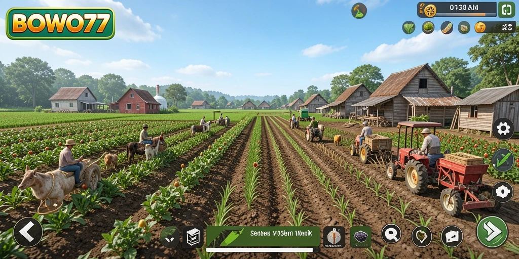 Tampilan gameplay BOWO77 menunjukkan kebun yang subur dan hewan ternak yang aktif.