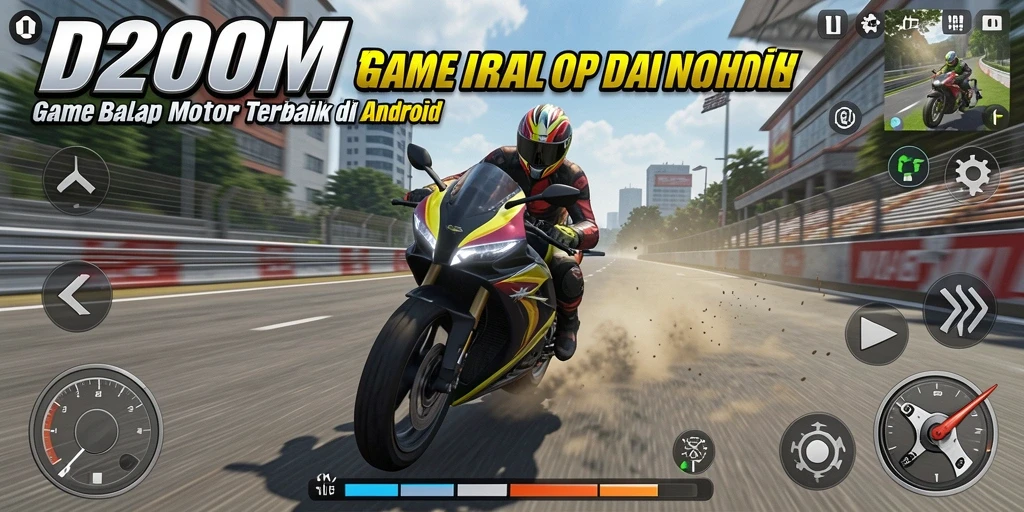 Tampilan gameplay seru di D200M dengan balapan motor yang mendebarkan.