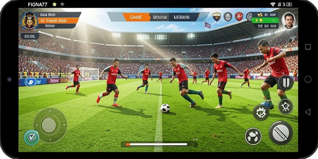 Tampilan gameplay yang dinamis dalam FIONA77 dengan aksi sepak bola yang seru.