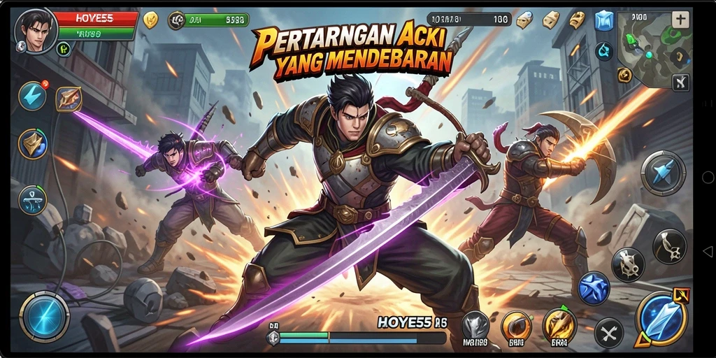 Tangkapan layar utama HOYE55 menampilkan aksi pertarungan yang mendebarkan.