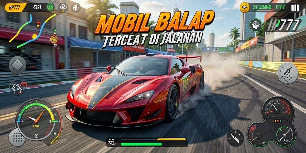 Gameplay HP777 menampilkan balapan seru dengan mobil berkecepatan tinggi.