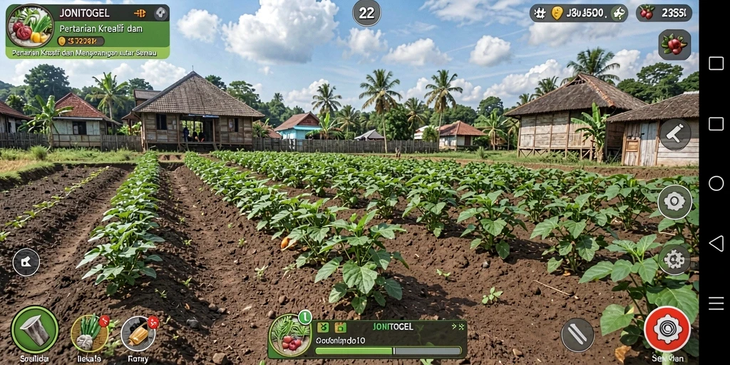 Tampilan gameplay JONITOGEL dengan ladang yang hijau dan tanaman yang berbuah.