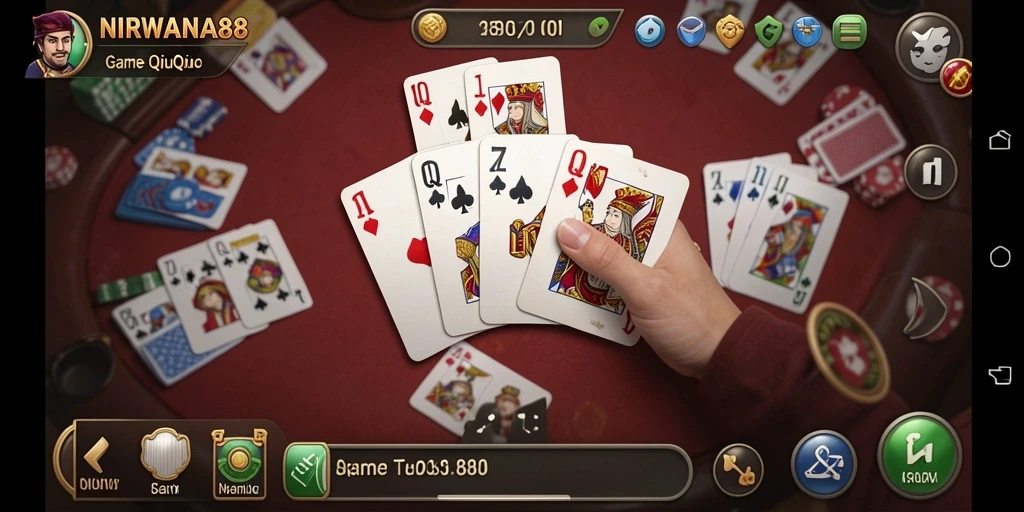 Tampilan gameplay seru di NIRWANA88 dengan kartu QiuQiu.