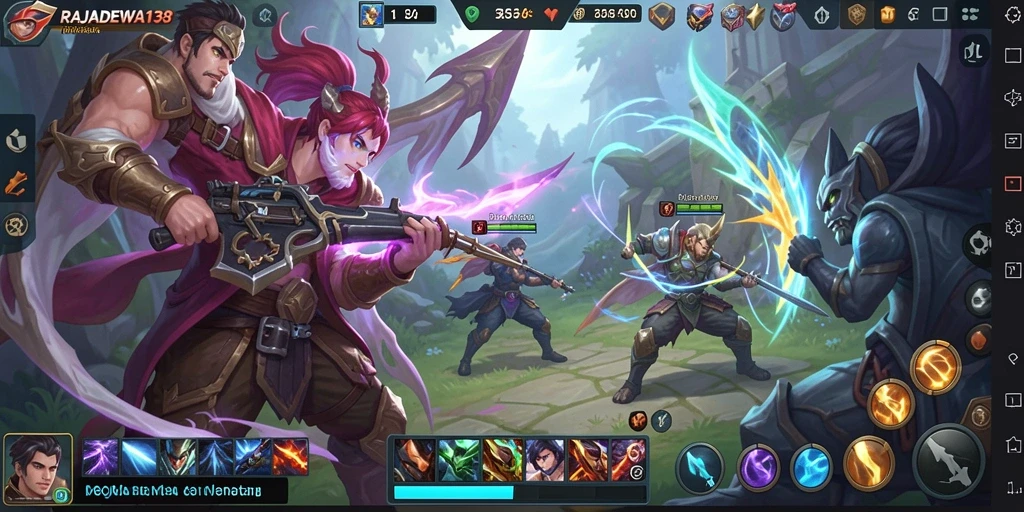 Screenshot RAJADEWA138 menampilkan aksi pertempuran seru dalam MOBA.