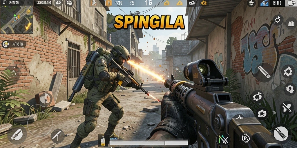 Menampilkan momen seru dalam gameplay FPS SPINGILA.